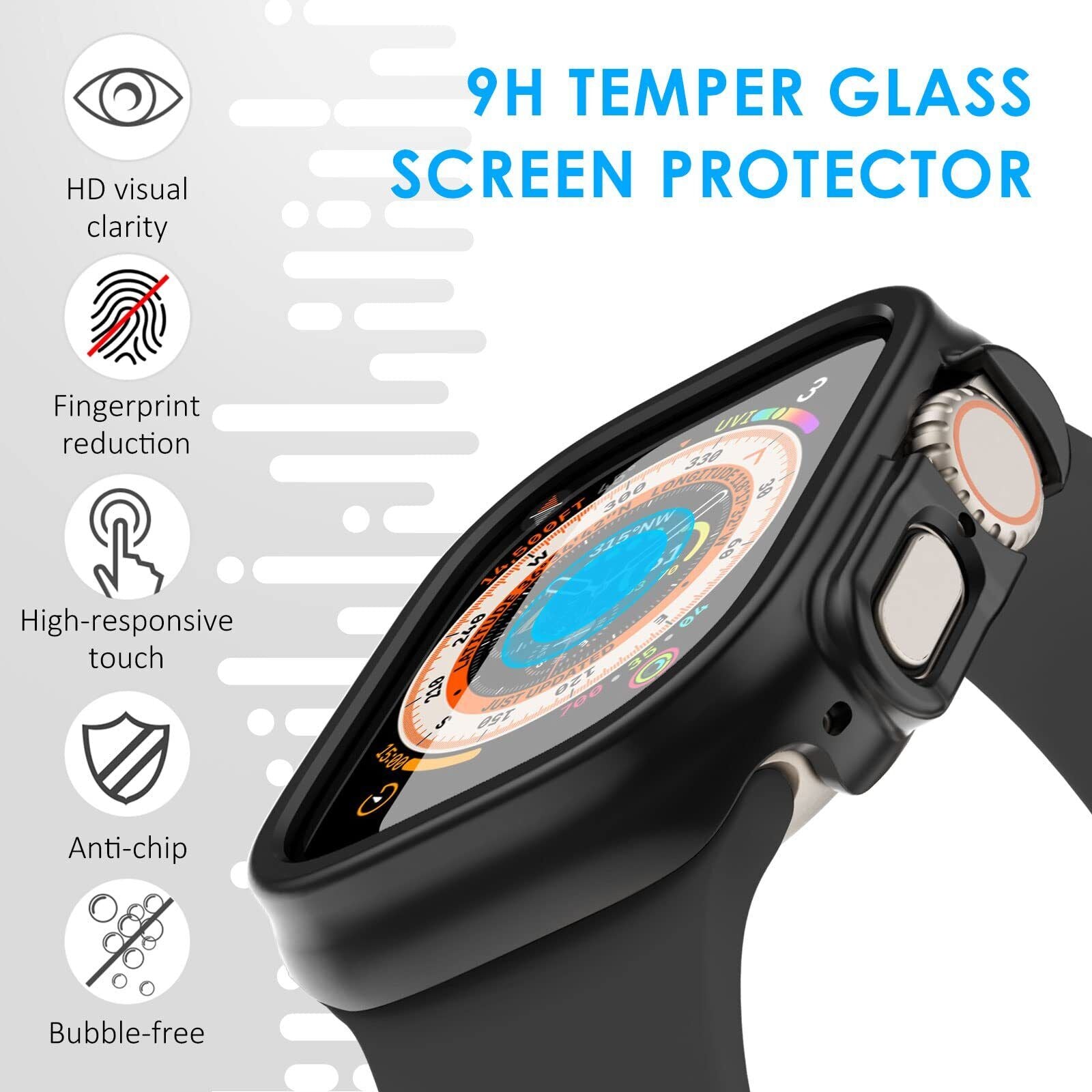 For Apple Watch Ultra 49mm 2022 Full Tempered Glass Screen Protector Case Cover