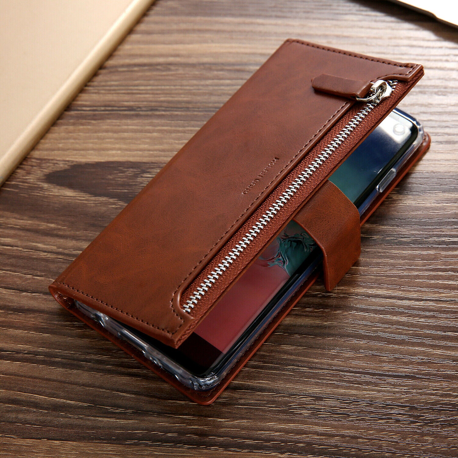 Samsung Galaxy S10 Plus Zipper Leather Wallet Card Magnetic Case Cover-Brown