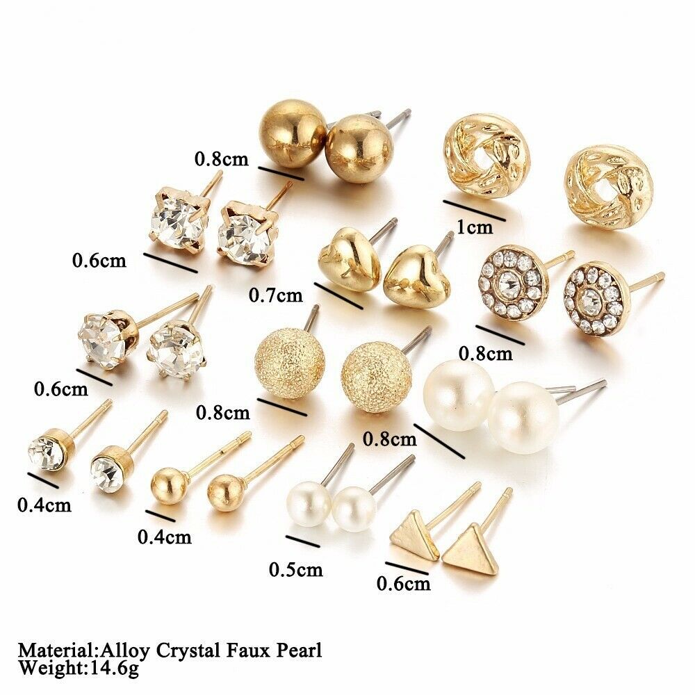 12 Pairs Fashion Rhinestone Crystal Pearl Earrings Set Women Ear Stud Jewelry AU