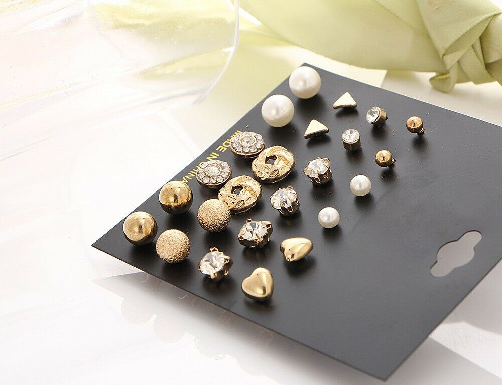 12 Pairs Fashion Rhinestone Crystal Pearl Earrings Set Women Ear Stud Jewelry AU