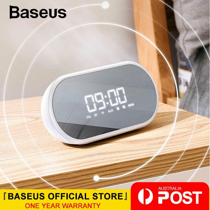 Baseus Wireless Bluetooth Speaker Digital LED Alarm Clock Handsfree FM Radio-White