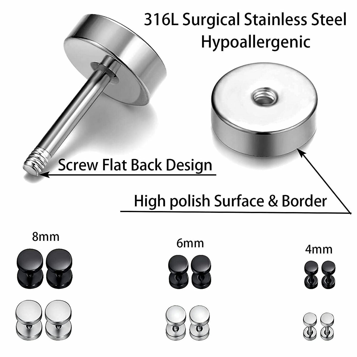 1/3 Pairs Black Flat Round Barbell Stud Earrings Stainless Steel Men Women Gym