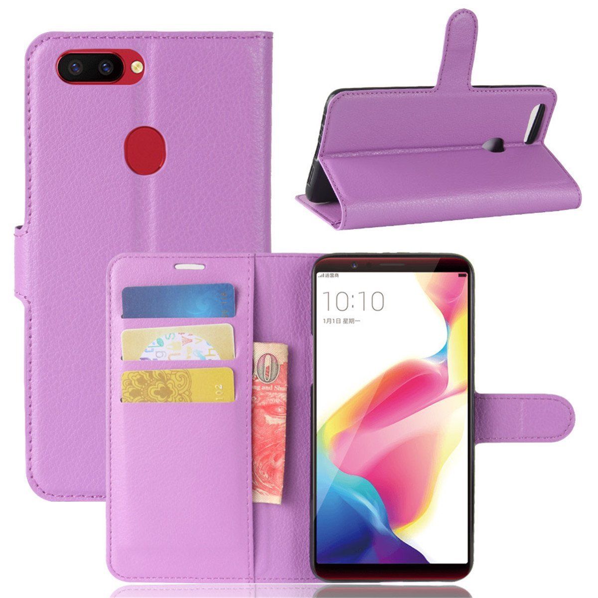 For Oppo AX7 Premium Leather Wallet Case Cover For Oppo Case-Purple