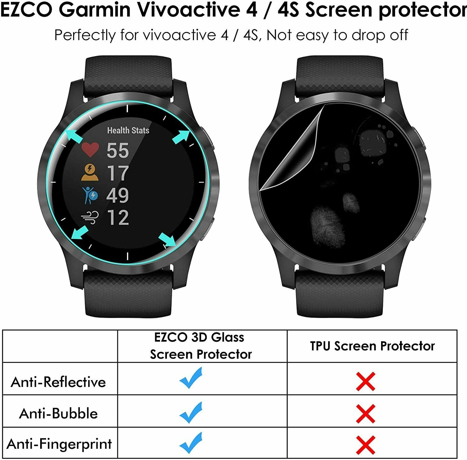 2X For Garmin Vivoactive 4/4S Watch Full Cover Tempered Glass Screen Protector