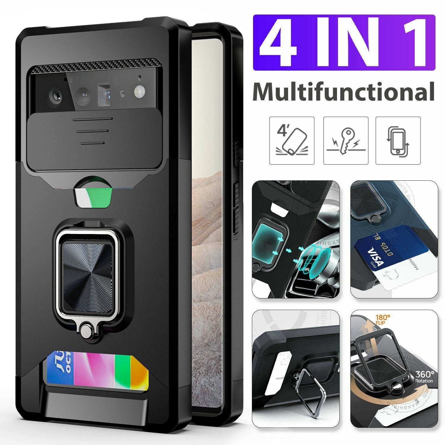 4in1 For Google Pixel 6A Case Shockproof Heavy Duty Wallet Cover Kickstand