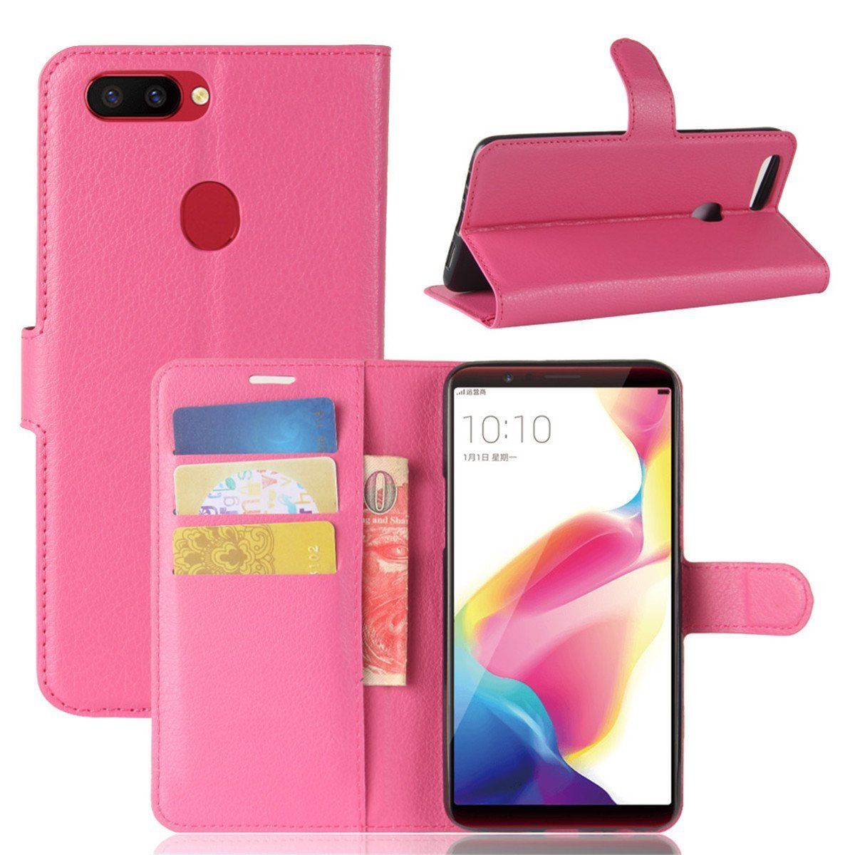 Oppo R11S Premium Leather Wallet Case Cover For Oppo Case-Hot Pink