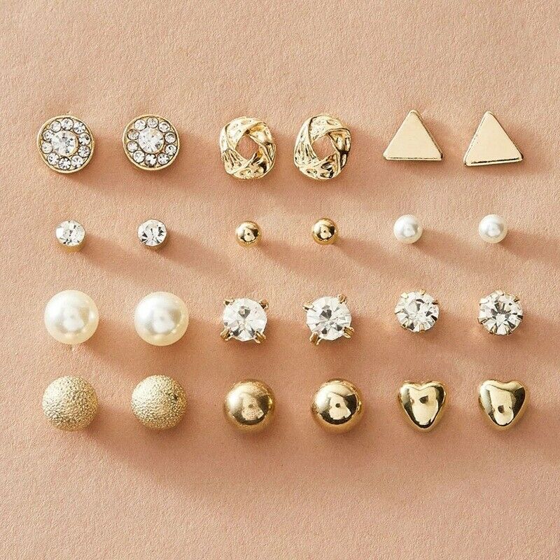 12 Pairs Fashion Rhinestone Crystal Pearl Earrings Set Women Ear Stud Jewelry AU