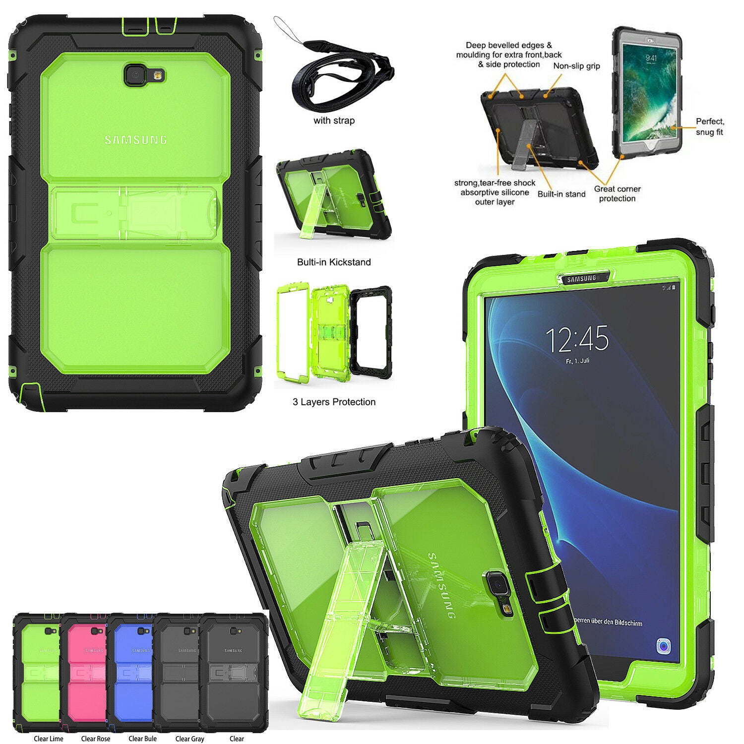 Galaxy Tab A T580 10.1 Case Heavy Duty Layer Protective Kick Stand Case W/ Strap