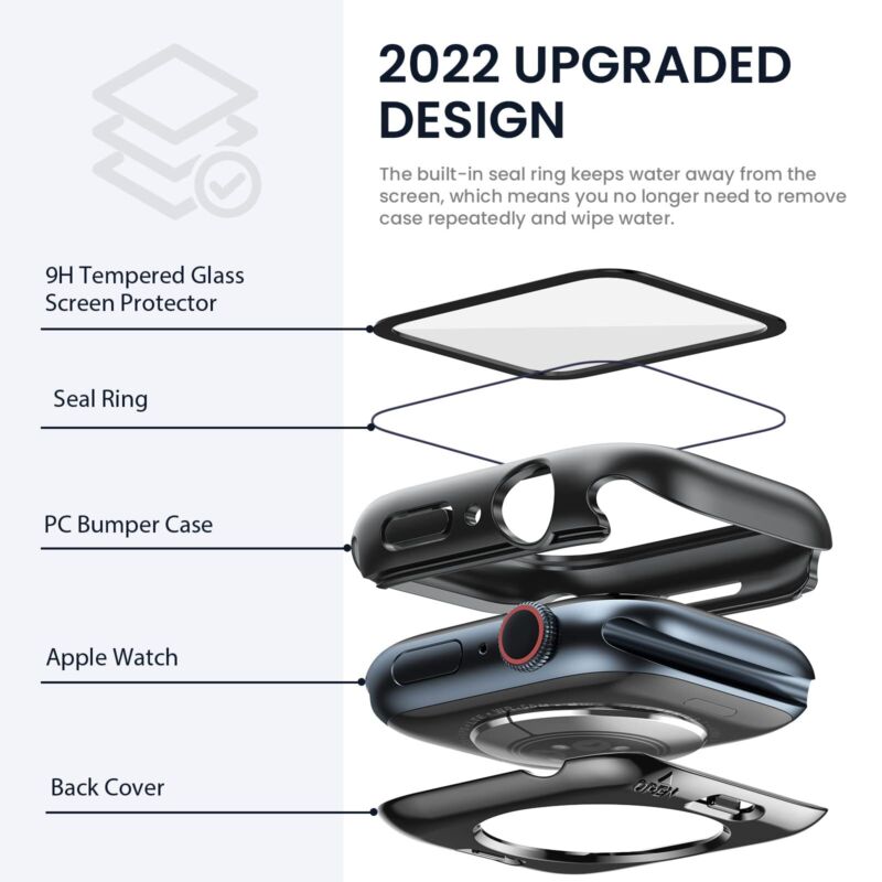 For Apple Watch 8 7 SE 40 44 45 41mm Waterproof Glass Back Case Screen Protector
