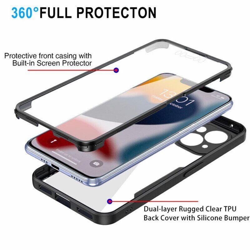 For iPhone 14 13 12 11 Pro Max  Shockproof Rugged 360 Full Body Clear Case Cover