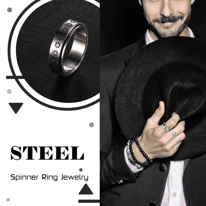 Anti-anxiety Spinner 35 Designs Fidget Rotating Stainless Steel Rings Band Black