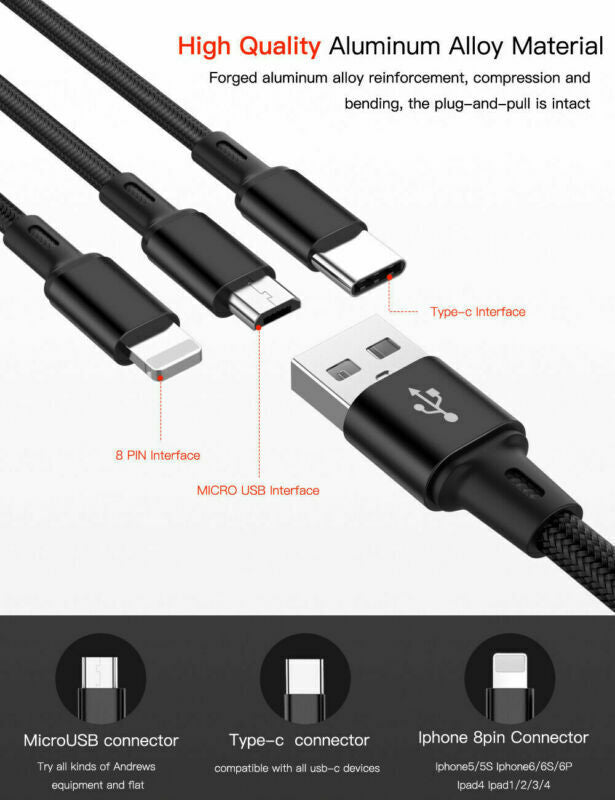 5 in 1 Multi USB Charger Charging Cable For iPhone USB TYPE C Android Micro