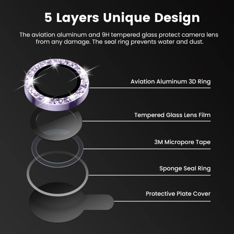 For iPhone 14 13 12 11 Pro Max Metal Camera Lens Glitter Cover Glass Protector