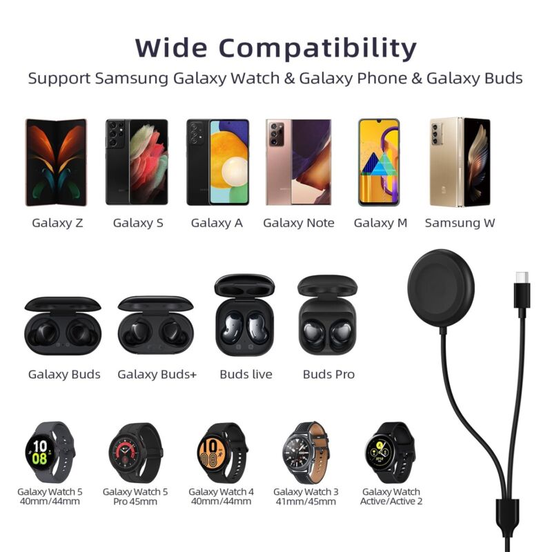 2 in 1 USB Charger Tpye C Cable For Samsung Galaxy Watch 5 Pro/5/4/3/Active 2/1