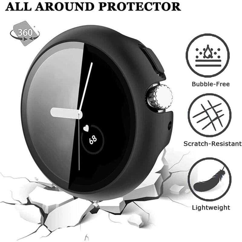 For Google Pixel Watch Case Clear 360 Full Body Cover Tempered Screen Protector